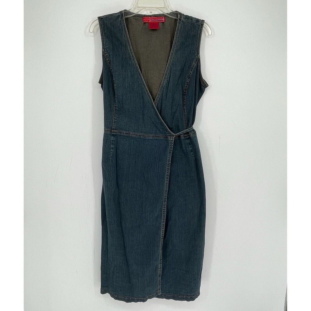 Hot Kiss Women's Y2K Blue Sleeveless V-Neck Wrap Front Denim Jean Dress Size M